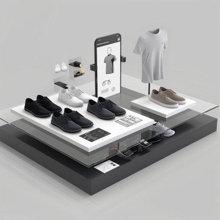 3d illustration of a shoe shop with a smartphone and a set of accessoriesの素材
