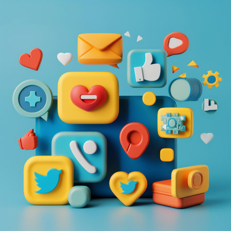 3d rendering of social media icons in different shapes on blue backgroundの素材