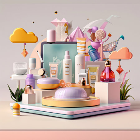 Cosmetics and perfumes on the podium. 3d illustration.の素材