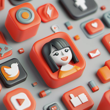 3d rendering of a female user with social media icons on a red buttonの素材