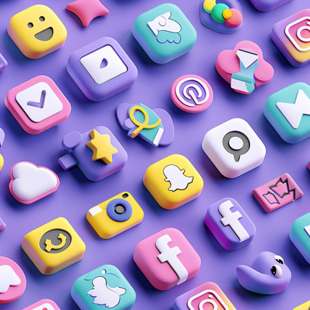 Seamless pattern of colorful social media icons on purple background.の素材