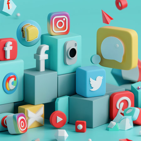 3d illustration of abstract cubes with social media icons over blue backgroundの素材