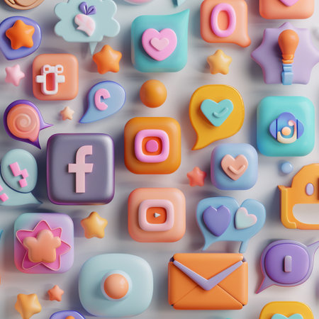 Seamless pattern with colorful social media icons. 3D renderingの素材