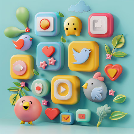 Social media icons on colorful background. 3d illustration. Social network and communication concept.の素材