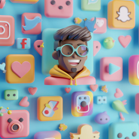 Cheerful young man in glasses and a hoodie is surrounded by social media icons. 3d illustration.の素材