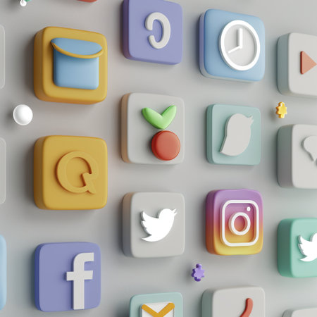 3d rendering of a set of colorful social media icons on a gray backgroundの素材