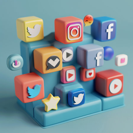 3d illustration of blocks with social media icons isolated on blue backgroundの素材