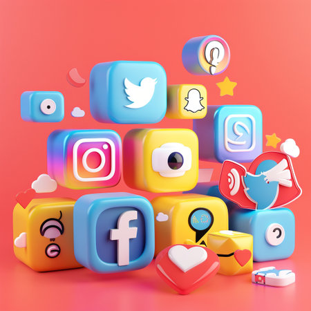 Social media concept. 3d illustration of social media icon set isolated on pink backgroundの素材