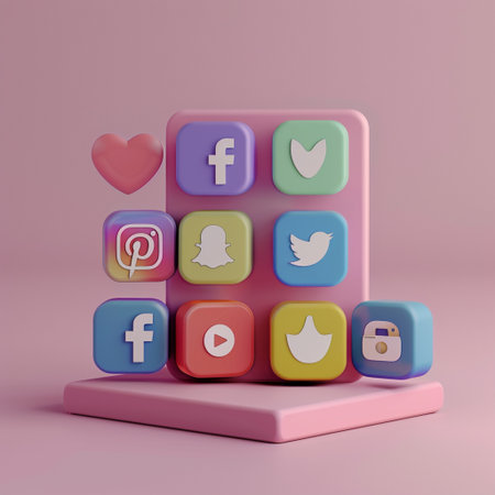 Social media concept. Colorful social media icons on pink background. 3D renderingの素材