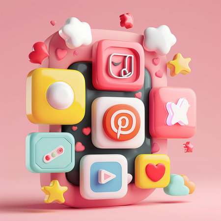 3d rendering of colorful social media app icons on pink background.の素材