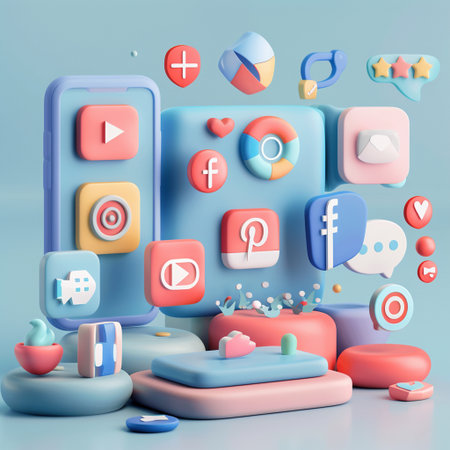 3d rendering of social media icons on blue background. 3d illustration.の素材