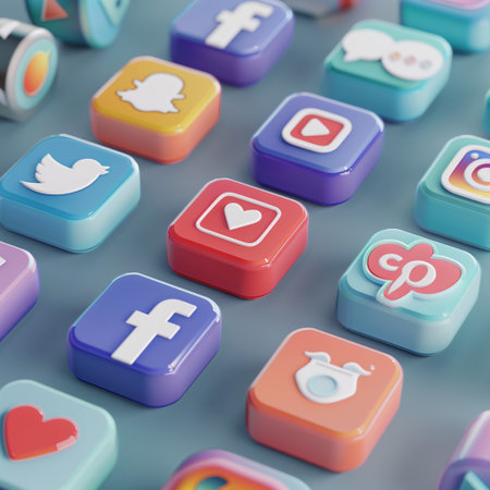 3d rendering of social media icons in a row on gray backgroundの素材