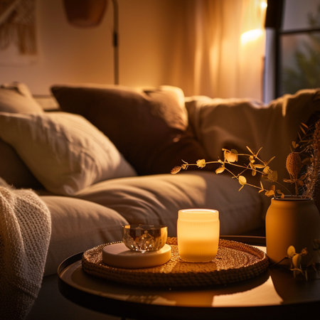 Interior of a living room with a coffee table, candles and flowersの素材