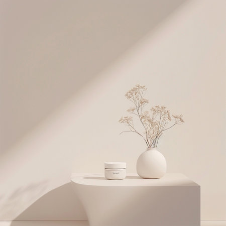 3d render of minimal geometric forms. Minimalist wall mockup with a vase of dried flowers in the foreground.の素材