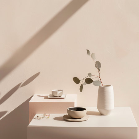 Cup of coffee and vase with eucalyptus branch on white tableの素材