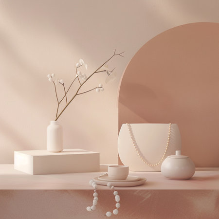 Minimalist composition with beige podiums and white flowers. 3d renderの素材