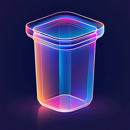 Vector illustration of transparent trash can with neon lights on dark background.の素材