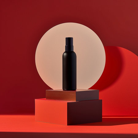 Black cosmetic bottle on podium on red background. 3d rendering.の素材