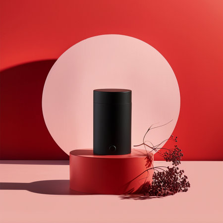 3d render of black cosmetic container on red podium. Minimal scene.の素材
