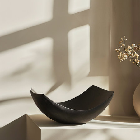 Black ceramic vase on a white shelf in the sunlight. 3d renderingの素材