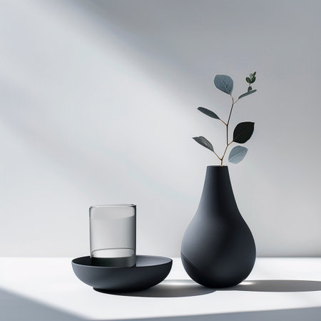 Black vase with eucalyptus branch and a glass of waterの素材
