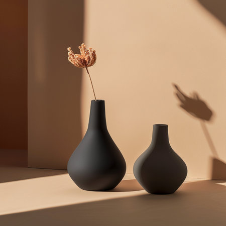 Black vase with dried flower on brown background. 3d renderの素材