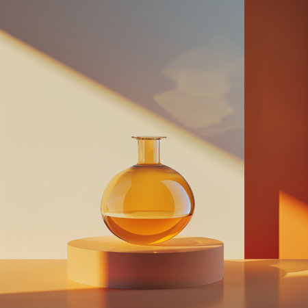 3d render of podium for product presentation. Mock up scene with glass flask.の素材