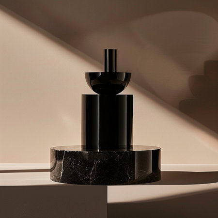 3d render of black cylinder podium with shadow on the wall.の素材