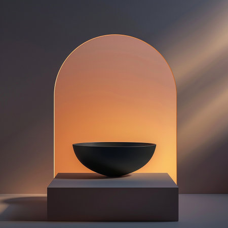 Minimalist abstract background with black bowl and arch. 3d renderの素材