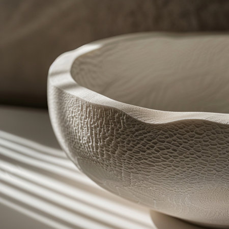 Close-up of a ceramic bowl on a white table in sunlightの素材