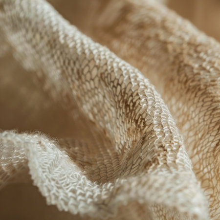 Close up of beige knitted fabric. Selective focus.の素材