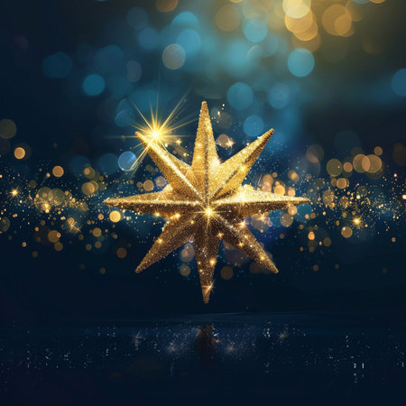 Golden Christmas star on a blue bokeh background. Christmas card.の素材