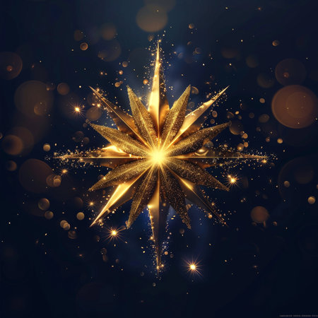 Abstract golden snowflake on a dark blue background. Vector illustration.の素材