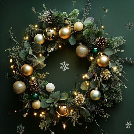 Christmas wreath with golden and green baubles on dark green backgroundの素材