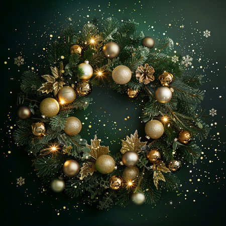 Christmas wreath with gold and silver decorations on a dark green backgroundの素材