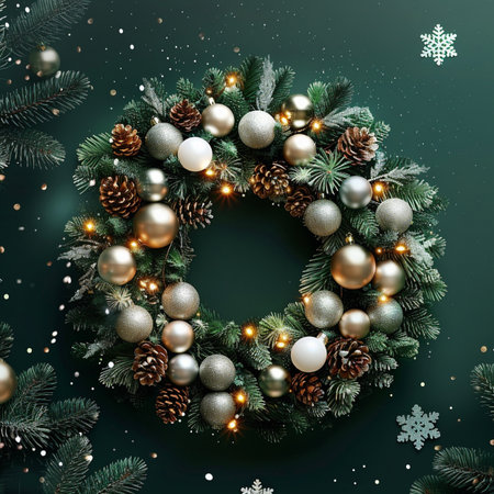 Christmas wreath on dark green background. Top view, flat layの素材
