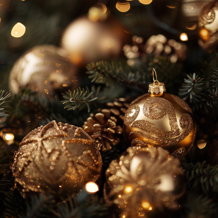 Christmas tree decoration with golden baubles, lights and bokehの素材