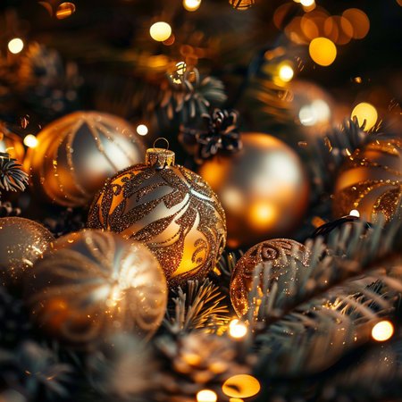 Christmas background with golden ornaments and lights. Close up.の素材