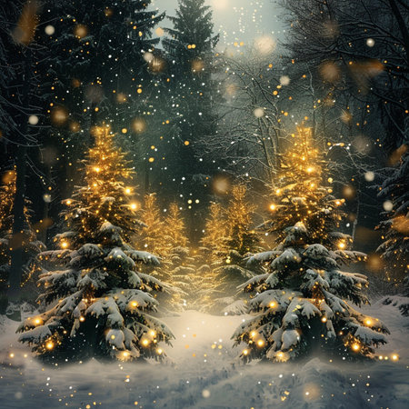 Fir trees covered with snow in winter forest. Christmas background.の素材