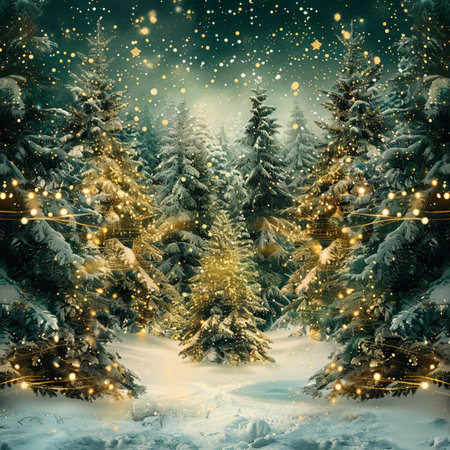 Winter forest with snow covered trees and glowing lights. Christmas background.の素材