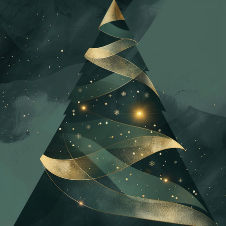 Abstract christmas tree with golden ribbons on dark grunge backgroundの素材