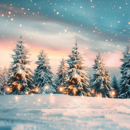 Fantastic winter landscape with snowy fir trees. Dramatic sky.の素材