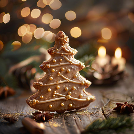Christmas gingerbread tree on a wooden background and bokeh lightsの素材