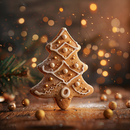 gingerbread christmas tree on a wooden background with bokehの素材