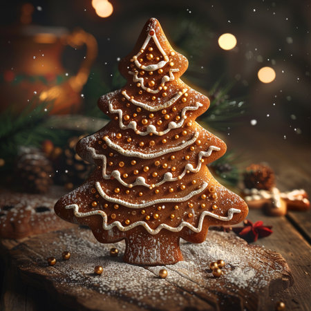 Gingerbread Christmas tree on wooden background. Christmas and New Year concept.の素材