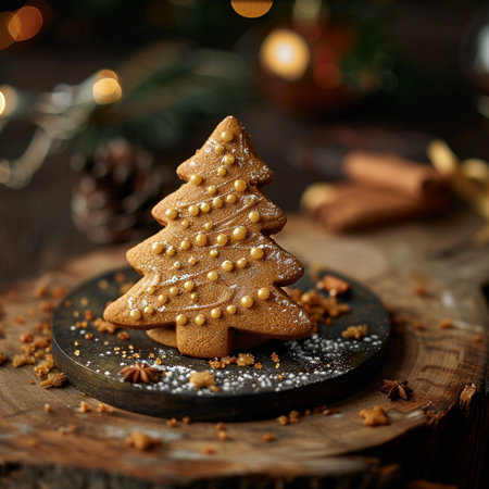Christmas gingerbread tree on a dark wooden background with bokehの素材