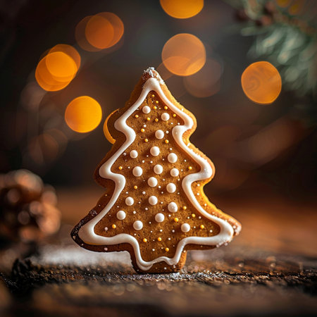 Christmas gingerbread tree on a wooden background with bokeh lightsの素材
