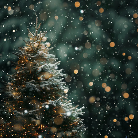 Christmas tree with snow and bokeh lights. Winter holidays backgroundの素材