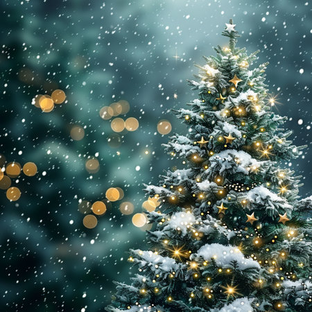 Christmas background with snowy fir tree and golden bokeh lights.の素材