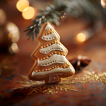 Christmas tree gingerbread cookies on wooden background with bokeh lightsの素材